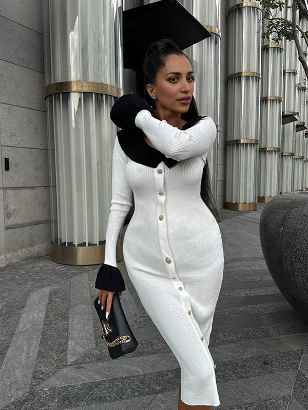 Momyknows White Buttons Hit Color Crochet Bell Sleeve Daily Leisure Maternity Photoshoot Midi Dress