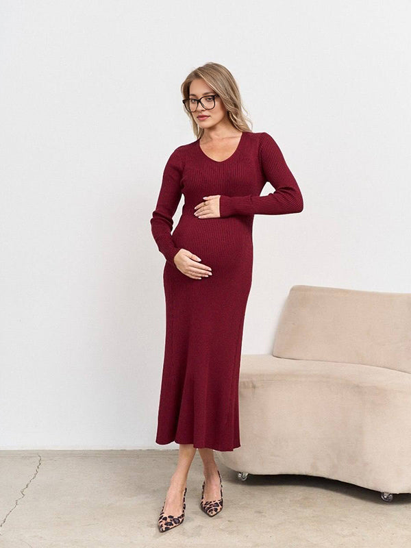 Momyknows Red V Neck Crochet Bodycon Daily  Going out Maternity Photoshoot Midi Dress