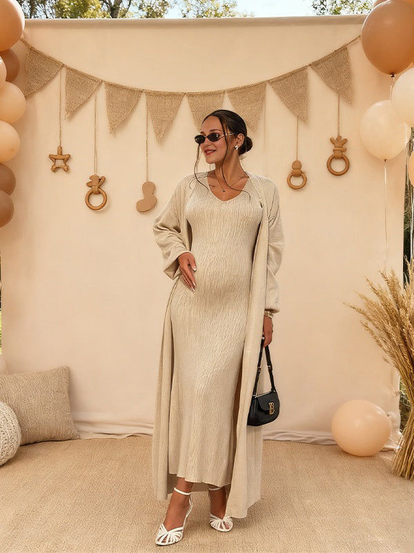 Momyknows Apricot 2 Pieces Knit Baby Shower Maternity Maxi Sweater Dress