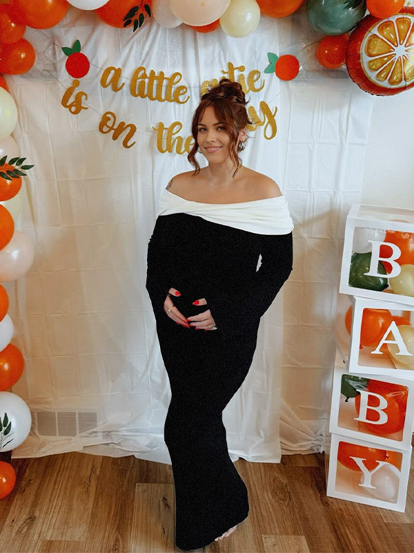 Momyknows Black Off Shoulder Twist Baby Shower Maternity Maxi Sweater Dress