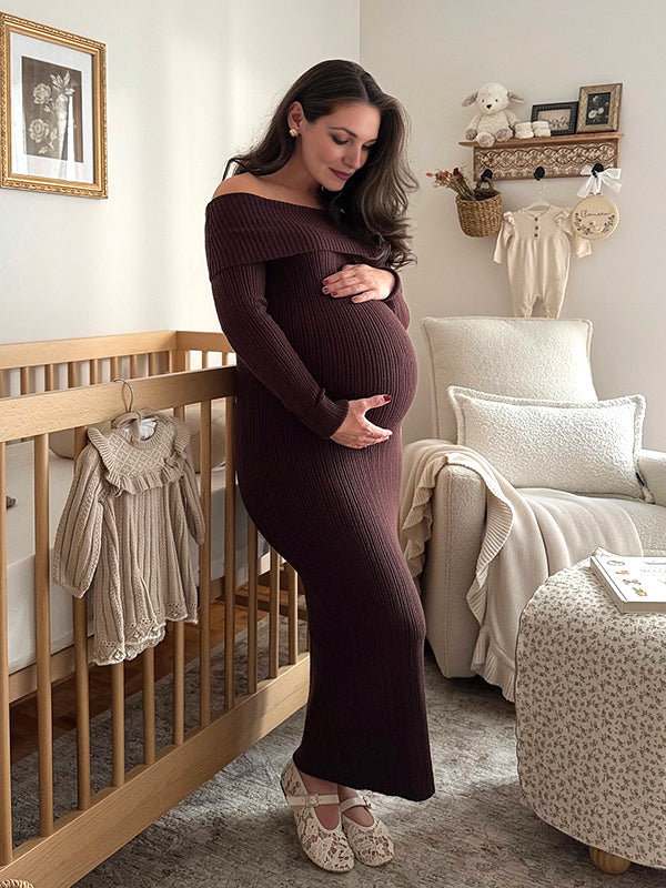 Momyknows Coffee Off Shoulder Trumpet Crochet Maternity Photoshoot Sweater Maxi Dress