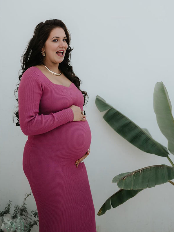 Momyknows Rose Carmine Square Neck Crochet Maternity Photoshoot Sweater Maxi Dress