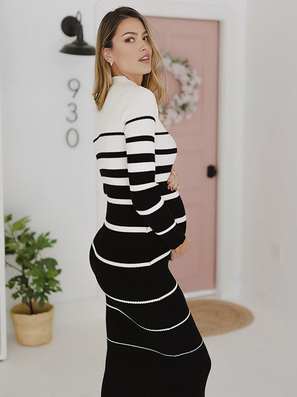 Momyknows Black Striped Hit Color Crochet Maternity Photoshoot Sweater Maxi Dress