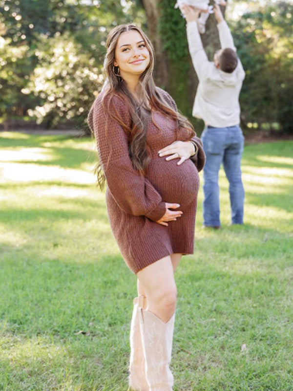 Momyknows V Neck Puff Sleeve Crochet Maternity Photoshoot Sweater Mini Dress
