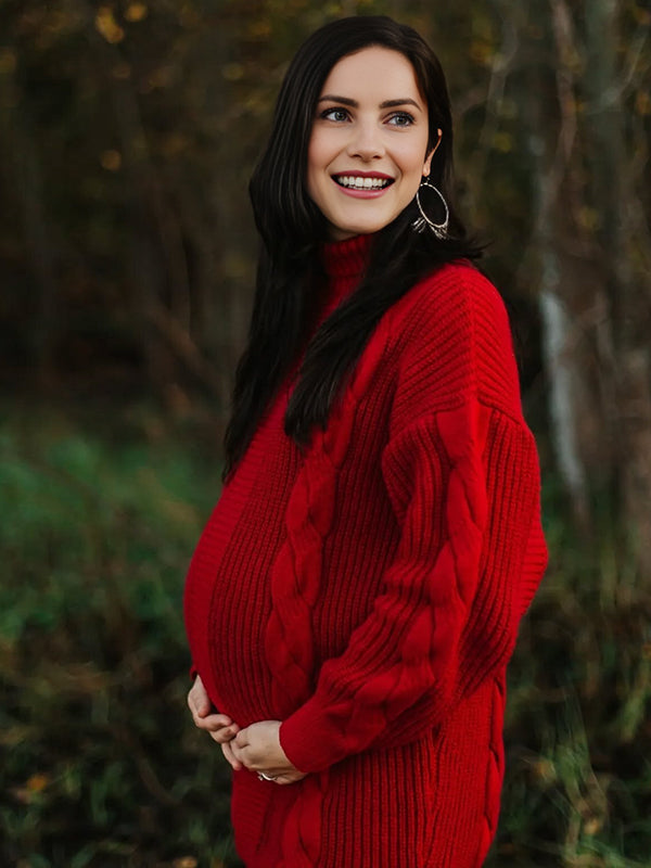 Momyknows Red High Neck Crochet Maternity Photoshoot Sweater Mini Dress