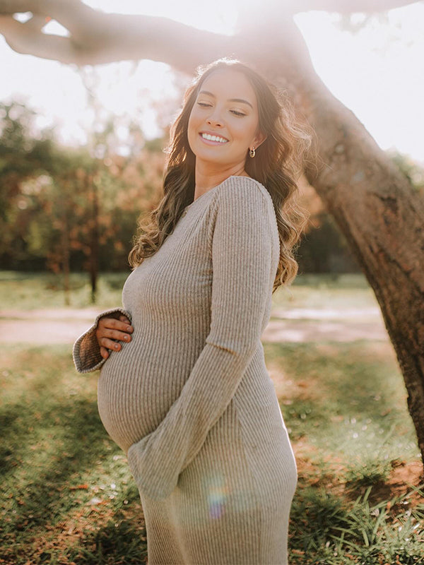 Momyknows Camel Knit Flare Sleeve Photoshoot Maternity Maxi Sweater Dress