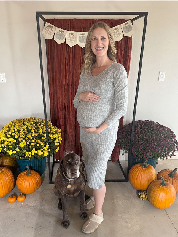 Momyknows Light Grey Knit Baby Shower Maternity Maxi Sweater Dress