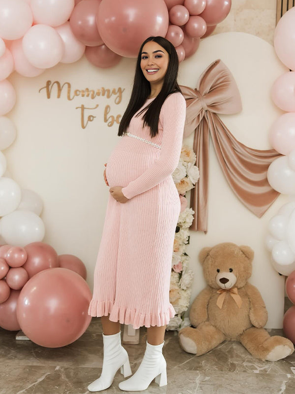 Momyknows Pink Ruffle Baby Girl Shower Maternity Maxi Sweater Dress