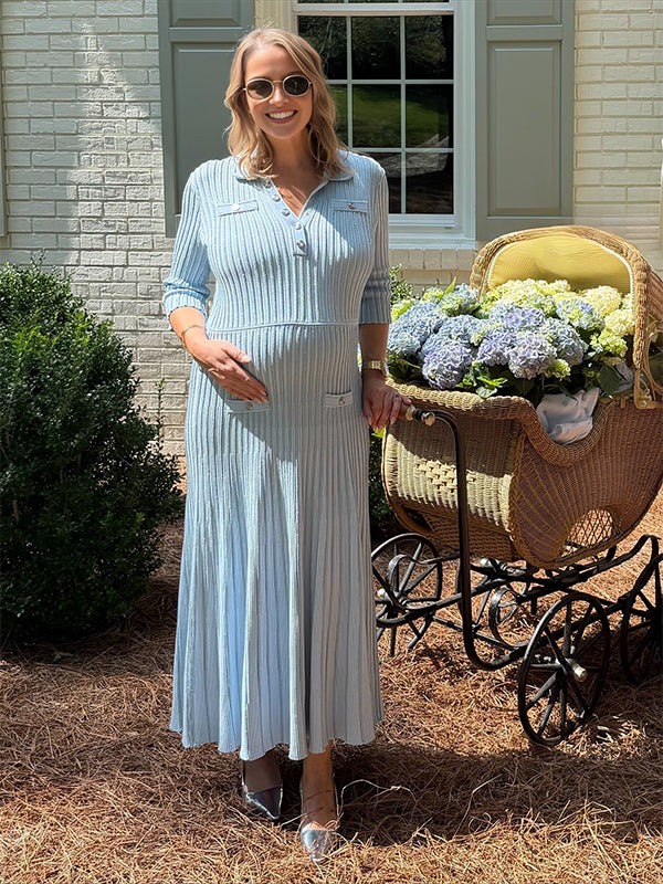 Momyknows Blue Buttons Pockets Baby Shower Maternity Maxi Sweater Dress