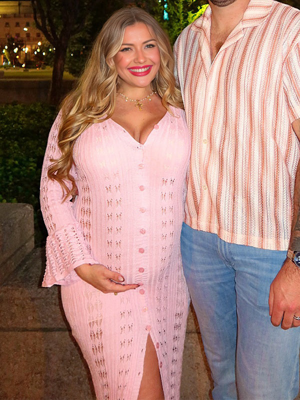 Momyknows Pink Buttons Cut Out Ruffle Maternity Maxi Sweater Dress