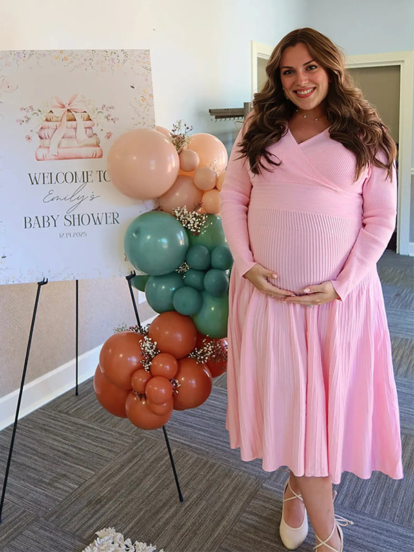Momyknows Pink Pleated Baby Girl Shower Maternity Maxi Sweater Dress