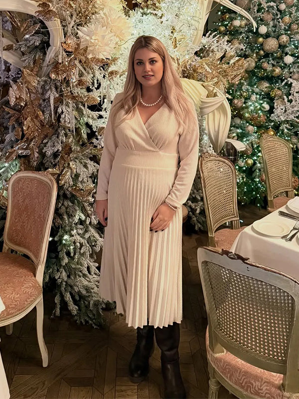 Momyknows Apricot Pleated Baby Girl Shower Maternity Maxi Sweater Dress