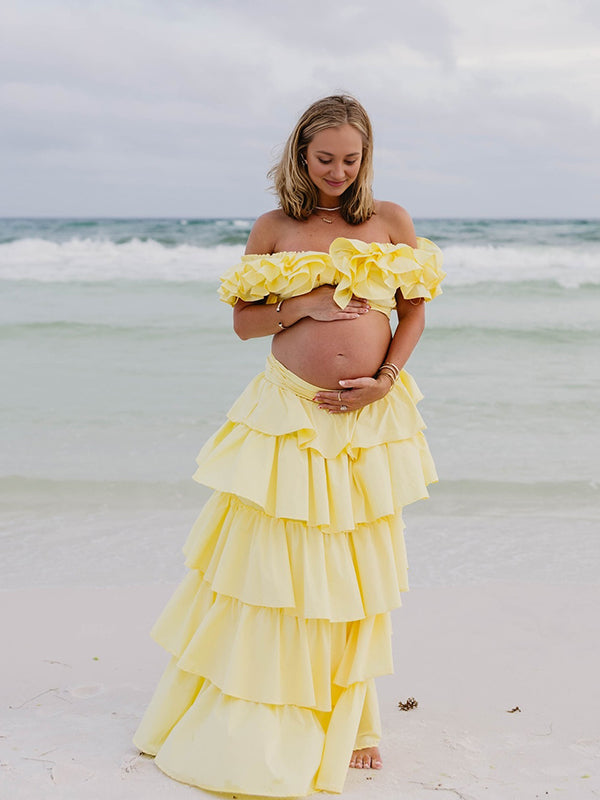 Momyknows Yellow Off Shoulder Two Piece Gossip Maternity Photoshoot Maxi Dress