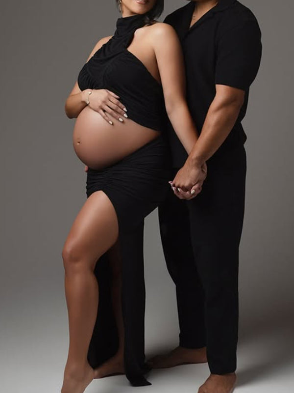 Momyknows Side Slit Halter Neck Two Piece Maternity Photoshoot Maxi Dress