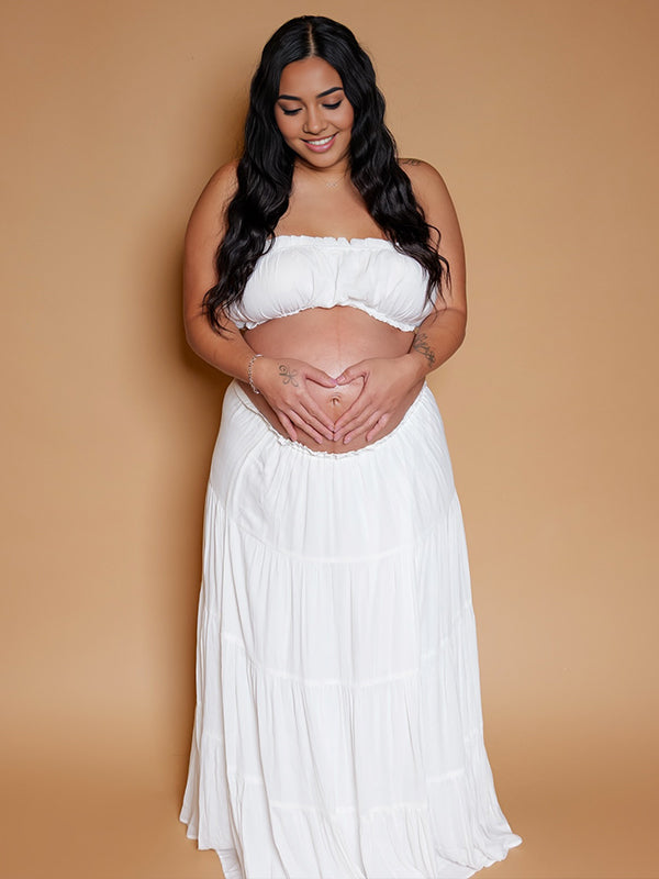 Momyknows White Spaghetti Strap Ruched Two Piece Maternity Photoshoot Maxi Dress