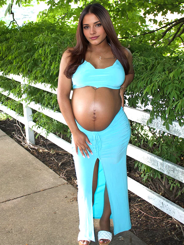 Momyknows Halter Neck Side Slit Ruched Two Piece Maternity Photoshoot Maxi Dress