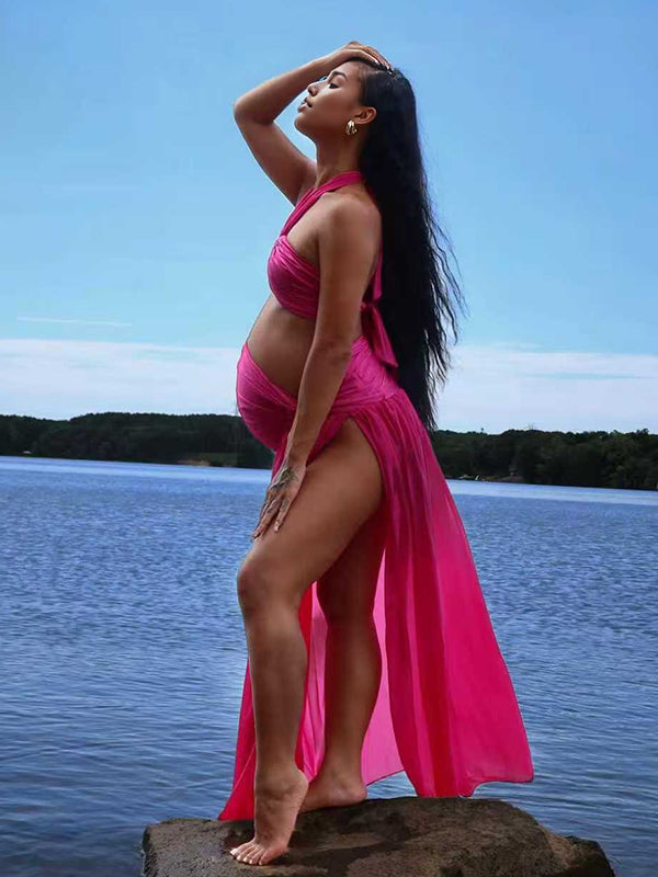 Momyknows Halter Neck Ruched Two Piece Maternity Photoshoot Maxi Dress