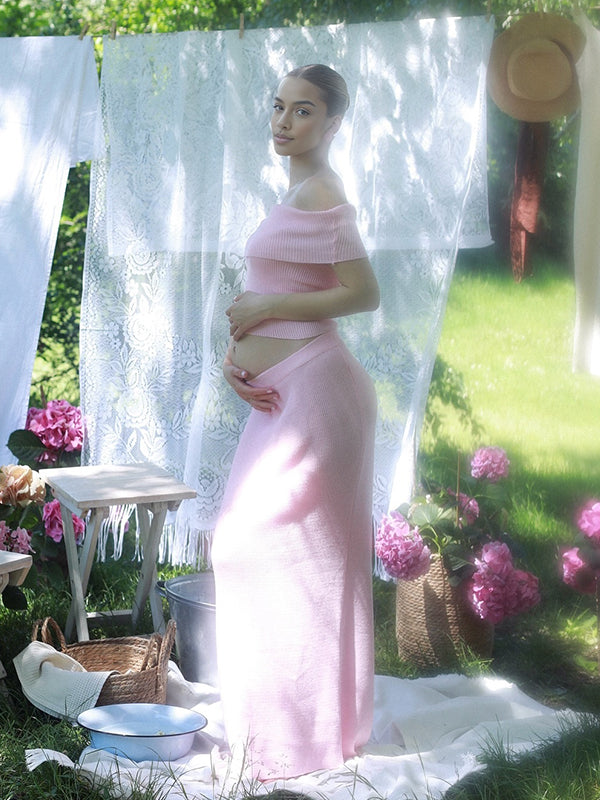 Momyknows Off Shoulder Side Slit Two Piece Maternity Photoshoot Maxi Dress