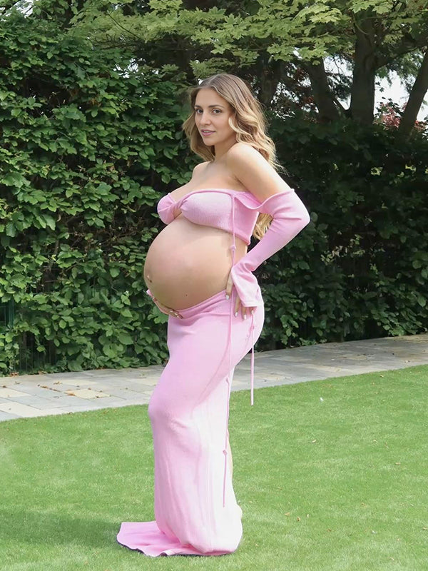 Momyknows Flower Halter Neck Two Piece Maternity Photoshoot Maxi Dress