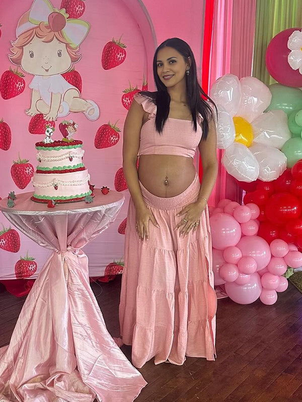 Momyknows Pink Spaghetti Strap Ruched Two Piece Maternity Baby Shower Maxi Dress