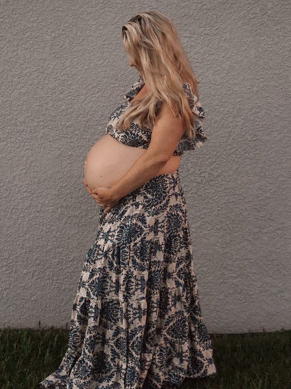 Momyknows Sea Blue Smocked Print Two Piece Maternity Photoshoot Maxi Dress