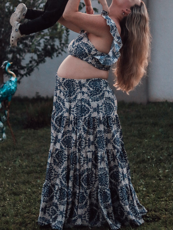 Momyknows Sea Blue Smocked Print Two Piece Maternity Photoshoot Maxi Dress Momyknows Sea Blue Smocked Print Two Piece Maternity Photoshoot Maxi Dress