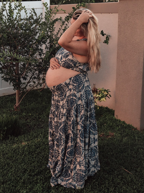 Momyknows Sea Blue Smocked Print Two Piece Maternity Photoshoot Maxi Dress Momyknows Sea Blue Smocked Print Two Piece Maternity Photoshoot Maxi Dress
