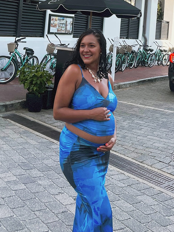 Momyknows Sky Blue Print Spaghetti Strap Two Piece Maternity Photoshoot Maxi Dress