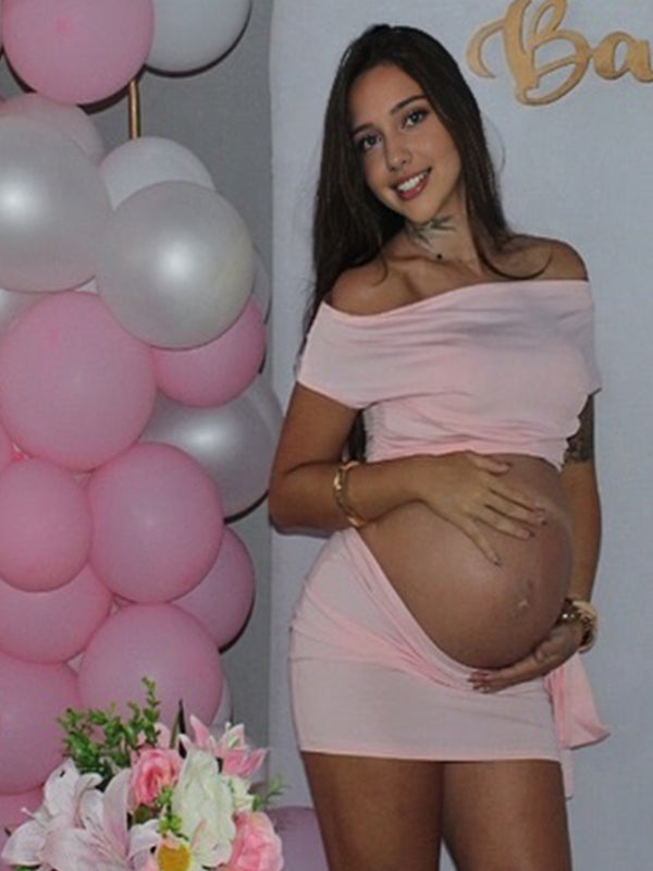 Momyknows Pink Lace-up Ruched Two Piece Maternity Baby Shower Maxi Dress