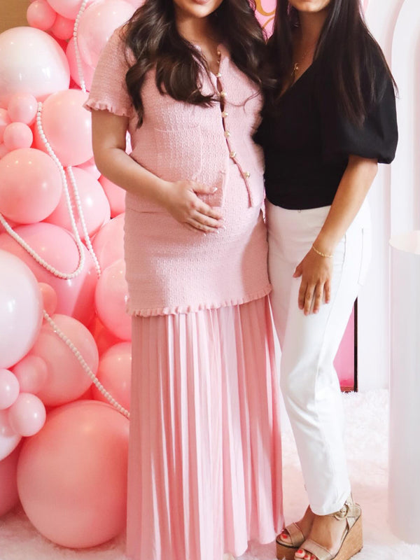 Momyknows Pink Crochet Pleated Button Two Piece Maternity Baby Shower Maxi Dress