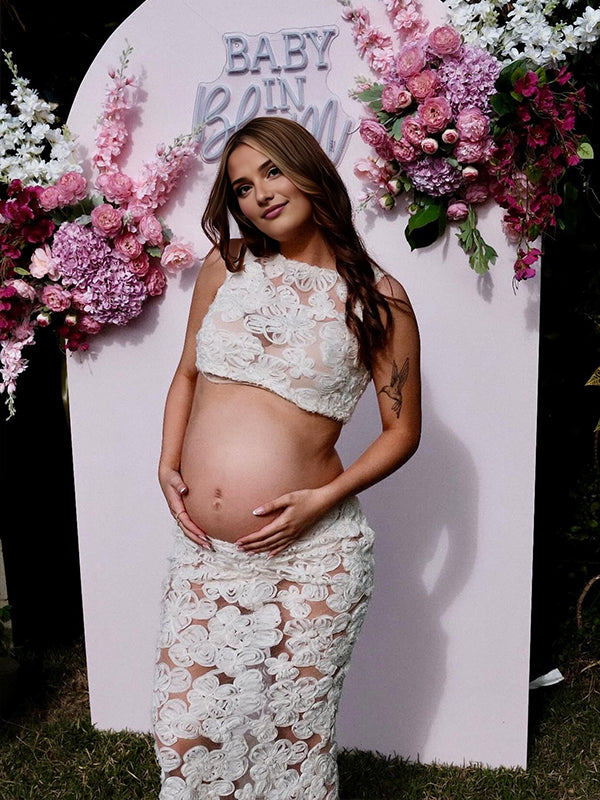 Momyknows White 3D Flower Lace Ruched Two Piece Maternity Baby Shower Maxi Dress