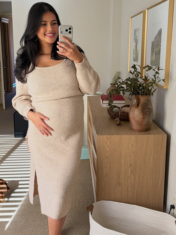 Momyknows Apricot Side Slit Thread Crochet Two Piece Maternity Photoshoot Maxi Dress