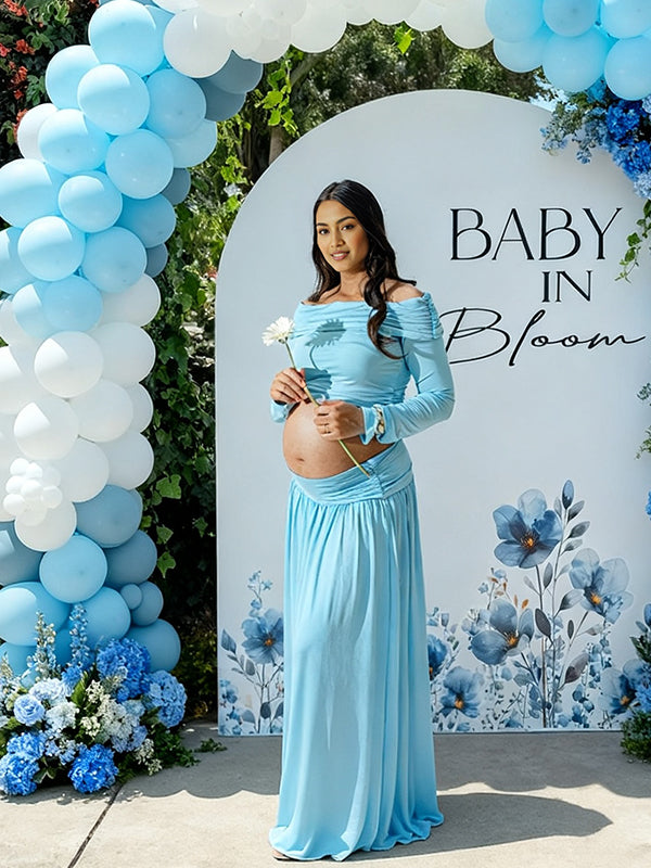 Momyknows Off Shoulder Ruched Two Piece Maternity Baby Shower Maxi Dress