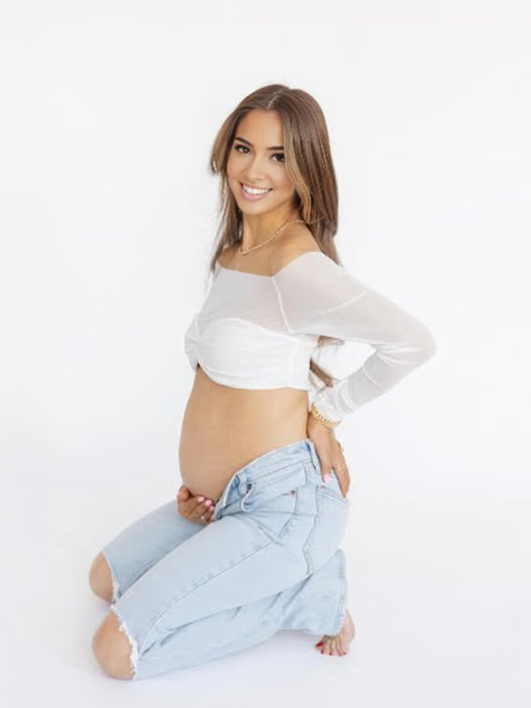 Momyknows White Off Shoulder Cross Chest Sheer Chic Elegant Beach Photoshoot Maternity Crop Top