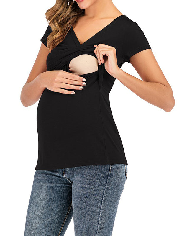 Momyknows Cross Chest Ruched Breastfeeding T-shirt Casual Maternity Nursing Top