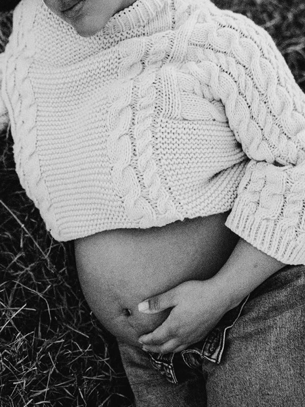 Momyknows Rice White Oversize Striped Flare Sleeve Crochet Maternity Sweater Photoshoot Top