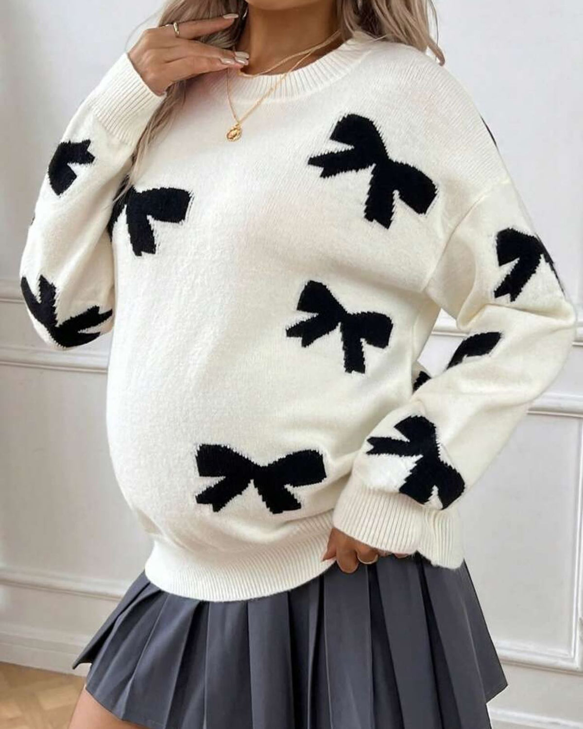 Momyknows White Crochet Striped Bowknot Comfy Maternity Sweater Photoshoot Top