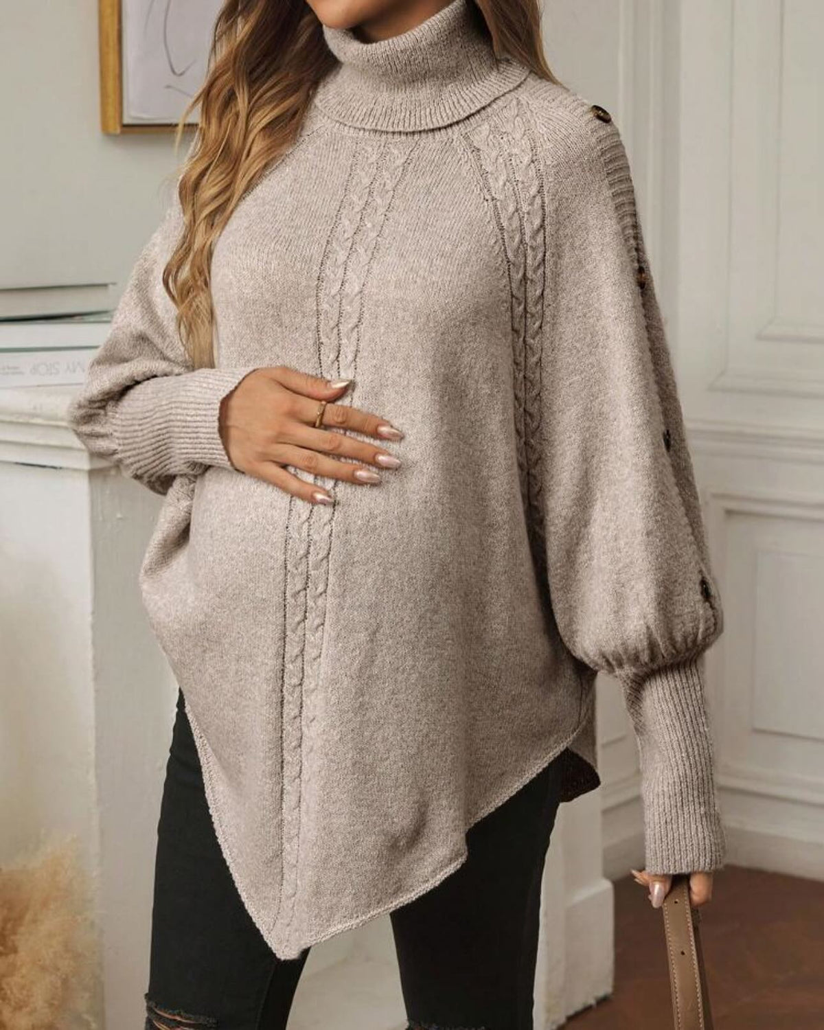 Momyknows Khaki Fashion Striped Crochet Buttons Bat Wing Maternity Sweater Photoshoot Top