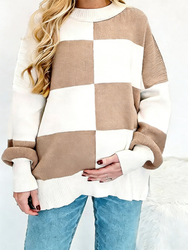 Momyknows Khaki Crochet Damier Hit Color Spliced Maternity Sweater Photoshoot Top