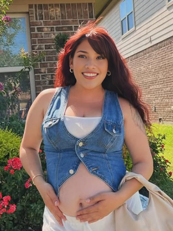 Momyknows Blue Denim Single Breasted Waistcoat Photoshoot Maternity Top