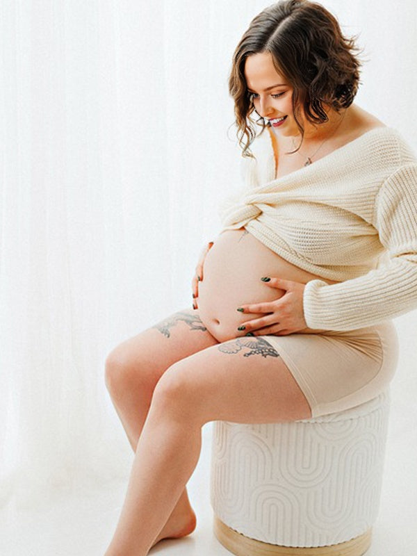 Momyknows White Midriff Baby Shower Maternity Solid Sweater