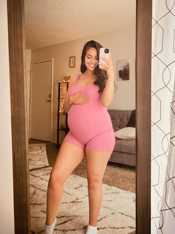 Momyknows Pink Bodycon Round Neck Sports Home Maternity Photoshoot Jumpsuits