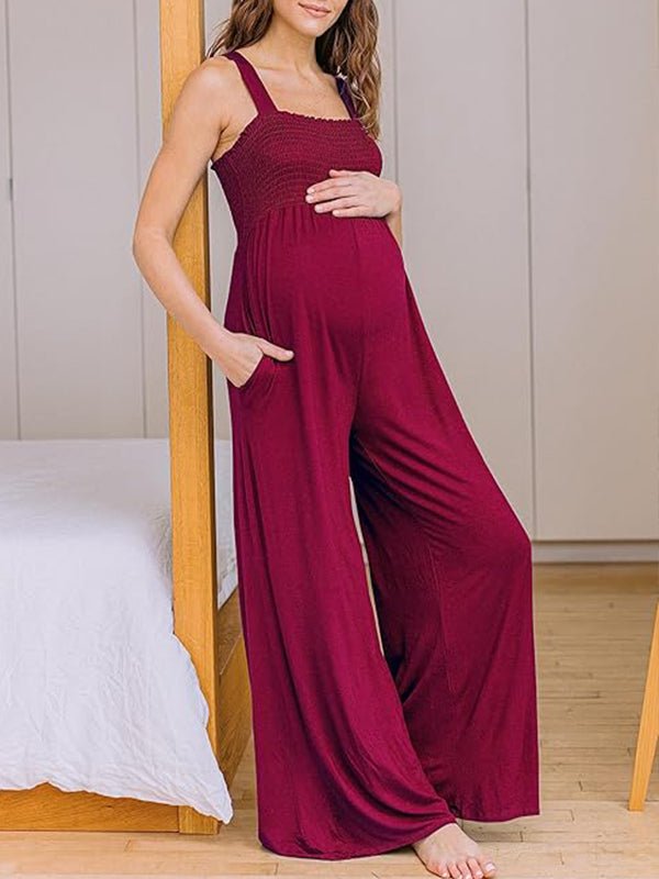 Momyknows Smocked Tank Pockets Wide Leg Comfy Romper Casual Maternity Jumpsuit - Red - 7