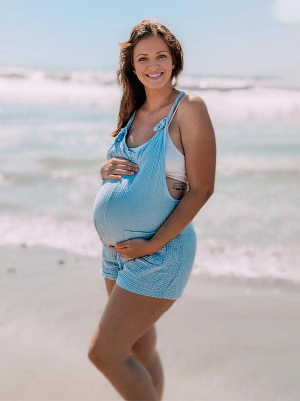 Light Blue Knot Pockets Photoshoot Maternity Short Overall