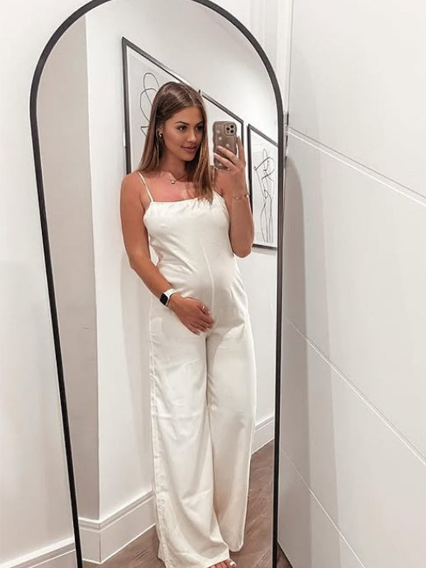 Momyknows White Spaghetti Strap Bodycon Maternity Jumpsuits