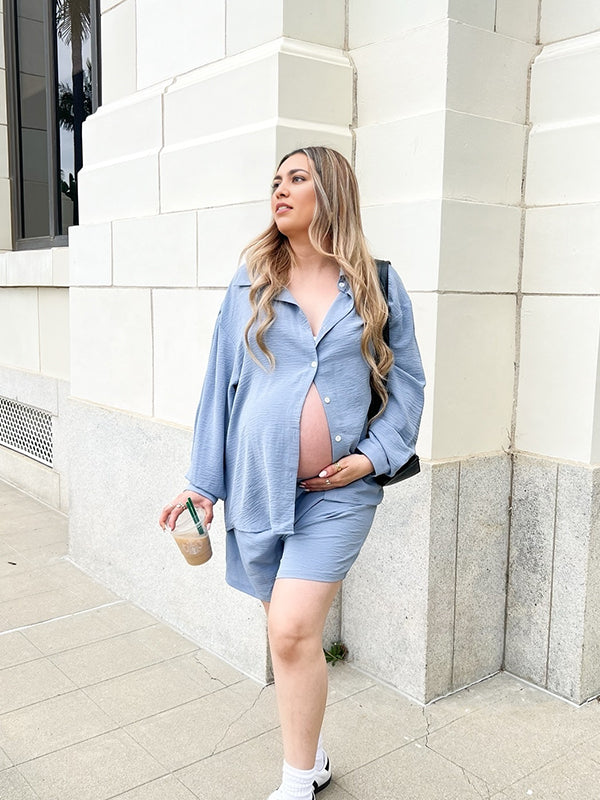 Momyknows Light Blue Two Piece Lounge Set Oversized Single Breasted Shirts And Drawstring Shorts Casual Chic Going Out Maternity Outfit