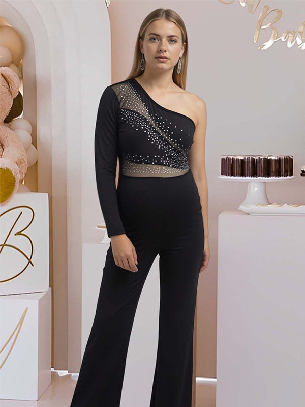 Momyknows Black Mesh Diamonds Rhinestone One Shoulder Wide Leg Elegant Party Maternity Baby Shower Jumpsuit