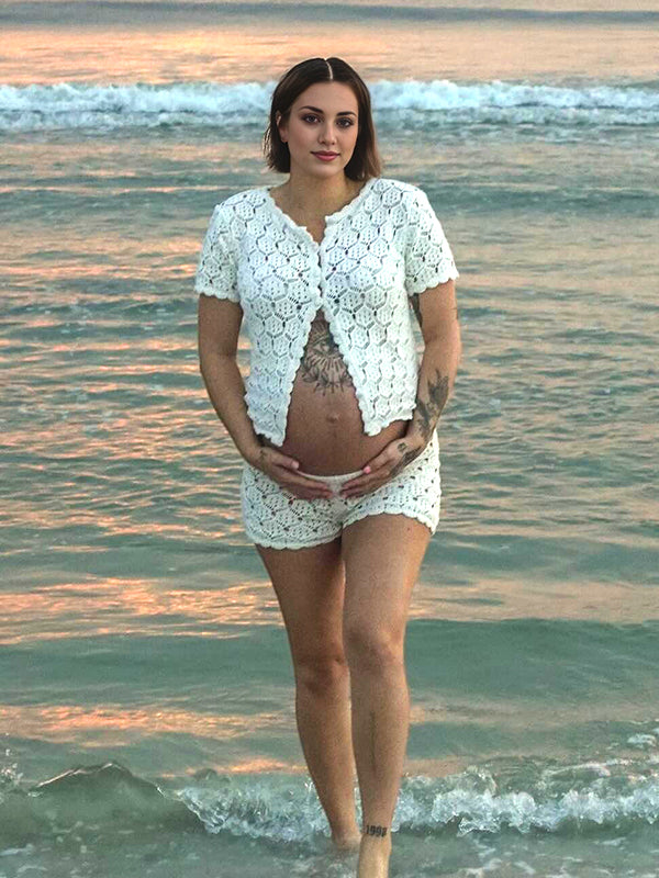 Momyknows White Button Crochet Openwork Two Piece Maternity Photoshoot Suit