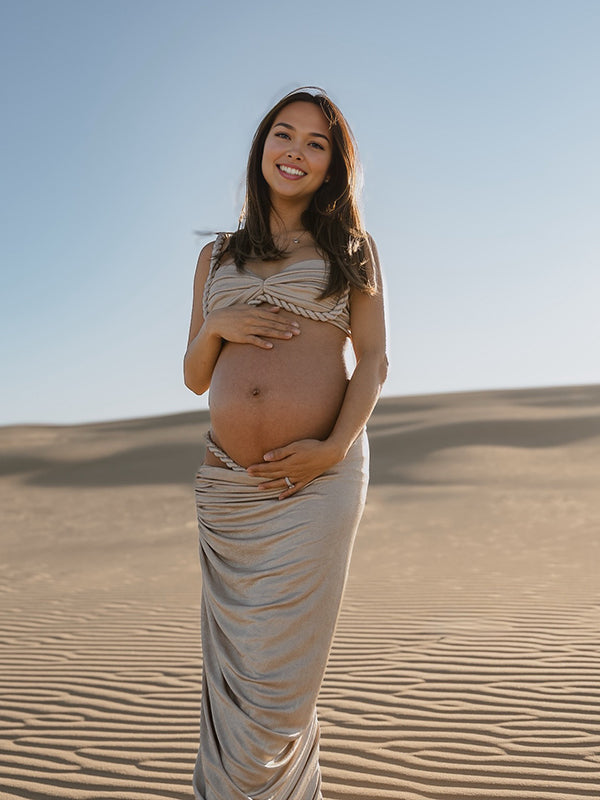 Momyknows Grey Halter Neck Spaghetti Stra Two Piece Maternity Photoshoot Maxi Dress