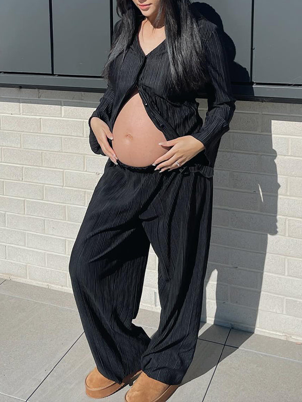 Momyknows Black Flare Sleeve V-neck Buttons Elegant Photoshoot Maternity Outfit